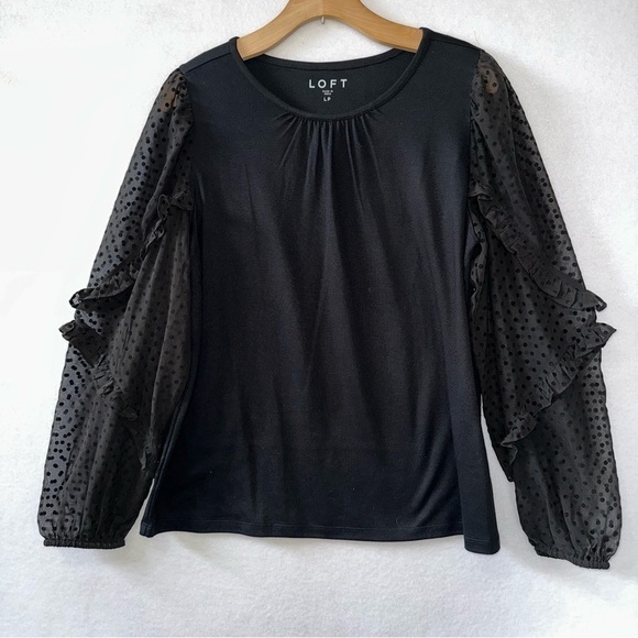 LOFT Tops - Loft Black Long Sleeve with Clip Dot Ruffle Top Size Large Petite